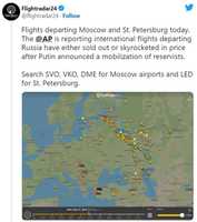 ロシア出国便の様子が一目でわかるFlightradar24のツイート 「モスクワ大脱出」「予備役招集からの逃走」